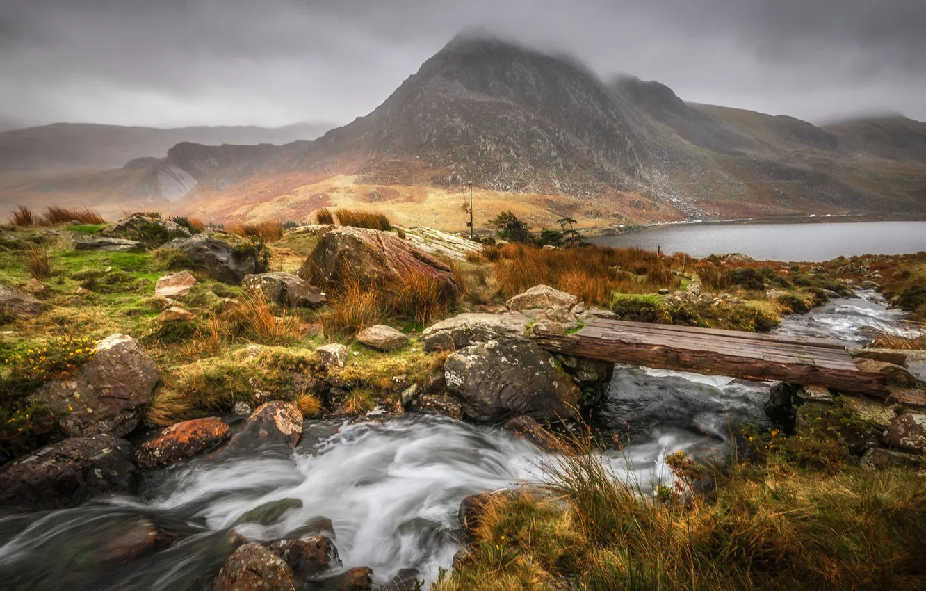 Фото обои осень, горы, мост, река, Уэльс, Сноудония