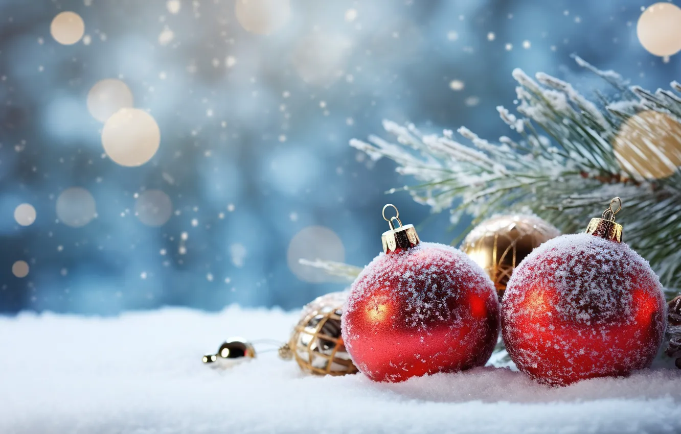 Фото обои зима, снег, украшения, шары, Новый Год, Рождество, red, golden