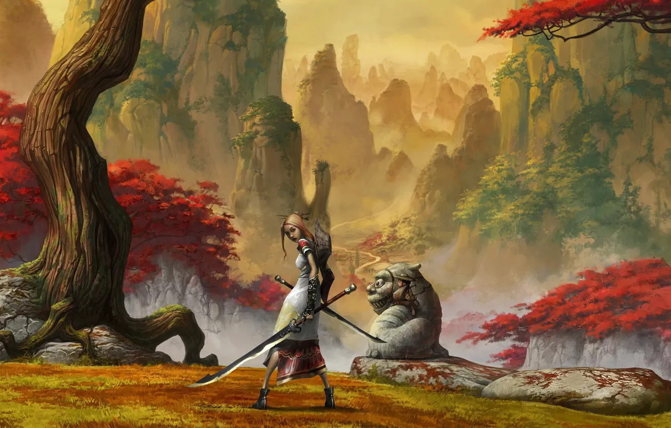 Фото обои горы, меч, сакура, Алиса