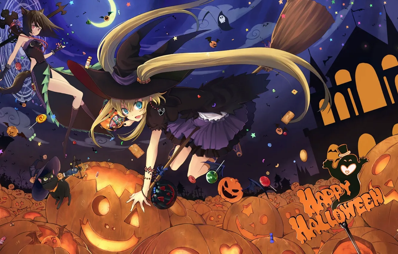 Фото обои девушки, аниме, конфеты, тыквы, halloween, шляпы, ведьмы, метлы