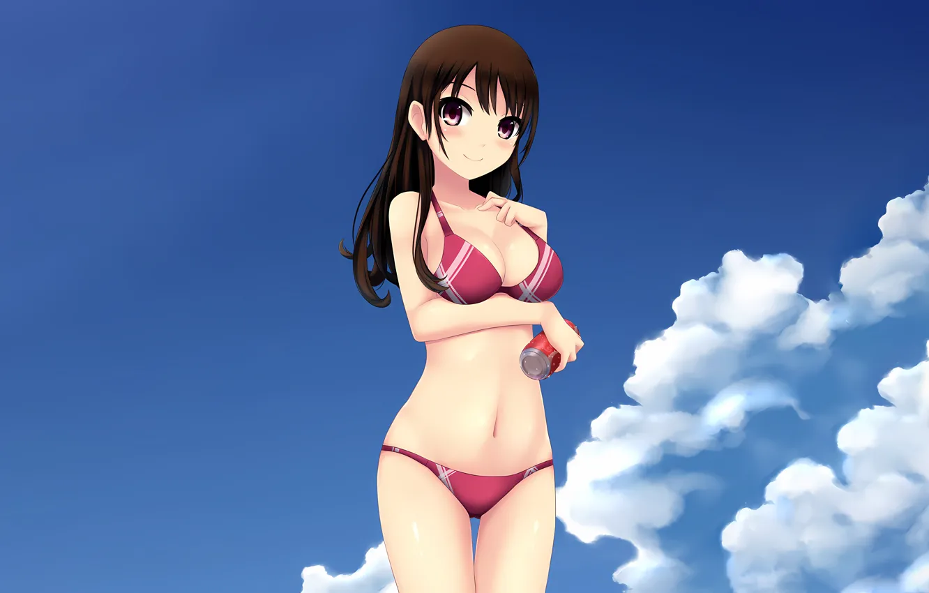 Фото обои girl, sexy, cleavage, beach, long hair, brown hair, boobs, anime