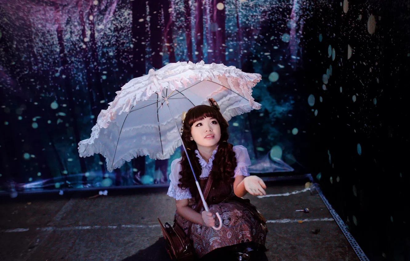 Фото обои зонтик, дождь, азиатка, жест, rain, umbrella, asian, милая девушка