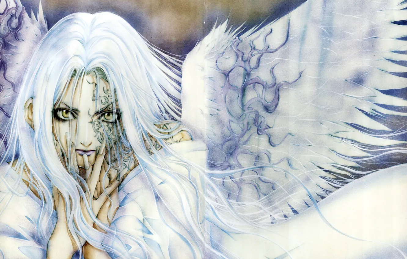 Фото обои лицо, белые крылья, angel sanctuary, обитель ангела, Rosiel, палец у рта, длинные белые волосы, by …