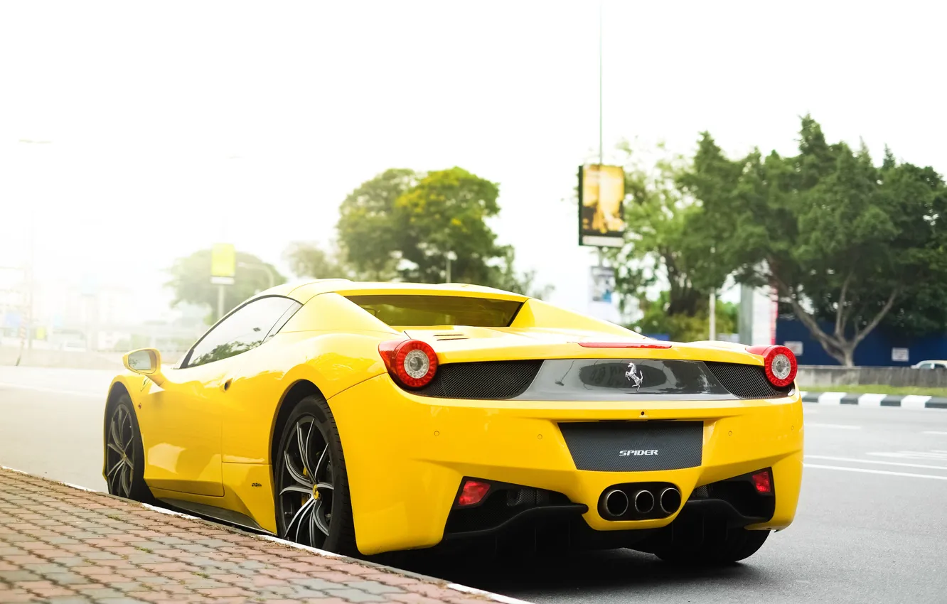 Фото обои желтый, улица, Ferrari, феррари, 458, italia, yellow, италия