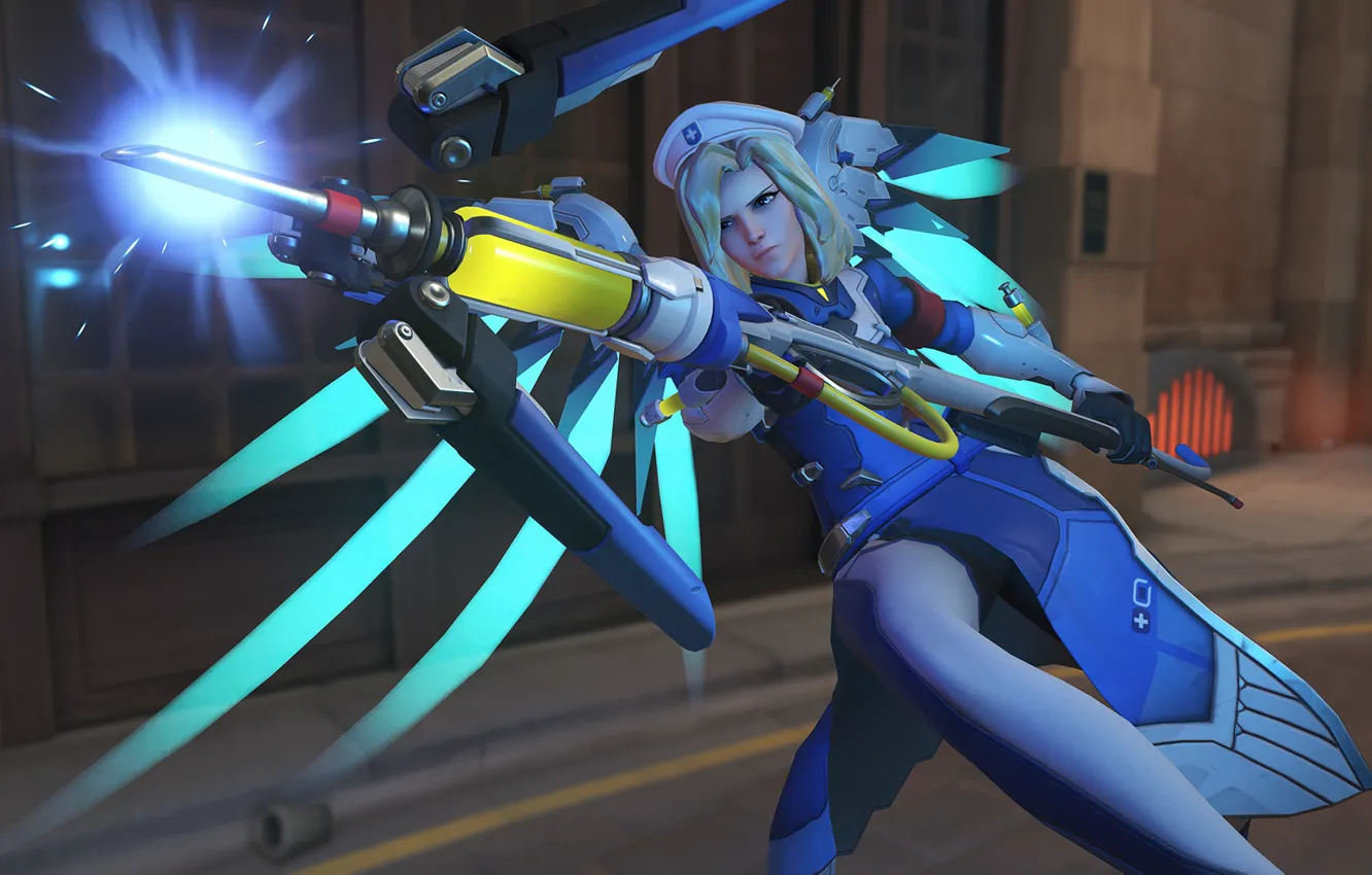 Фото обои выстрел, OVERWATCH, Mercy Combat Medic Ziegler Character Skin