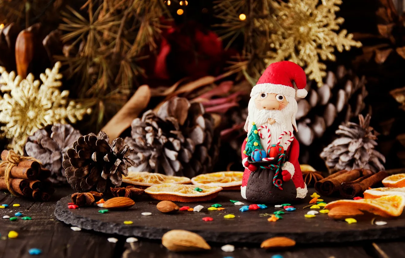 Фото обои снежинки, праздник, доски, новый год, рождество, апельсины, орехи, корица
