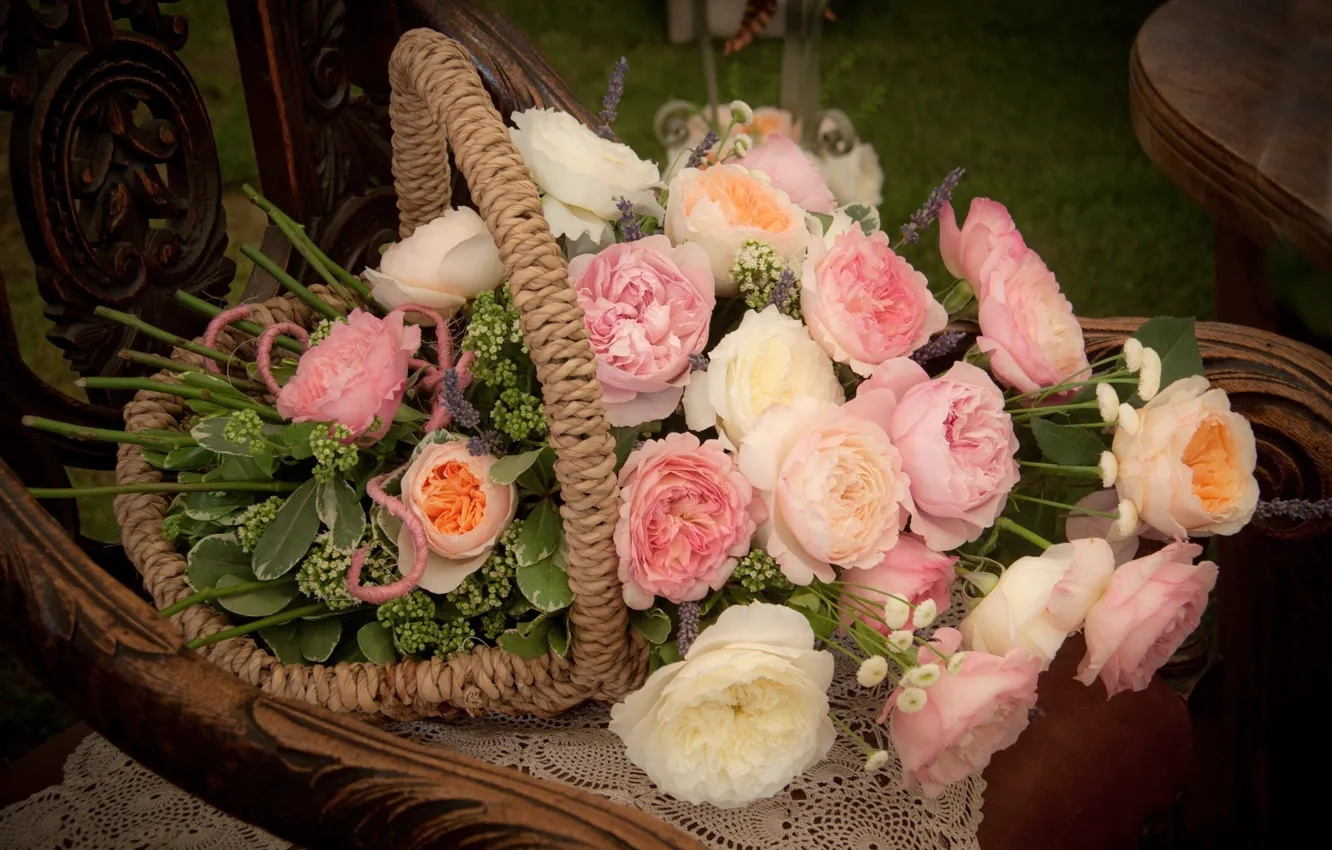 Фото обои цветы, розы, корзинка, хризантемы, букеты, композиции