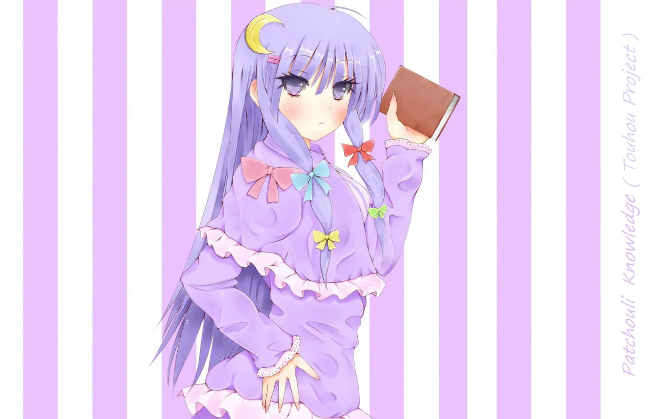 Фото обои книга, бантик, touhou, голубые волосы, art, оборки, patchouli knowledge, Touhou Project