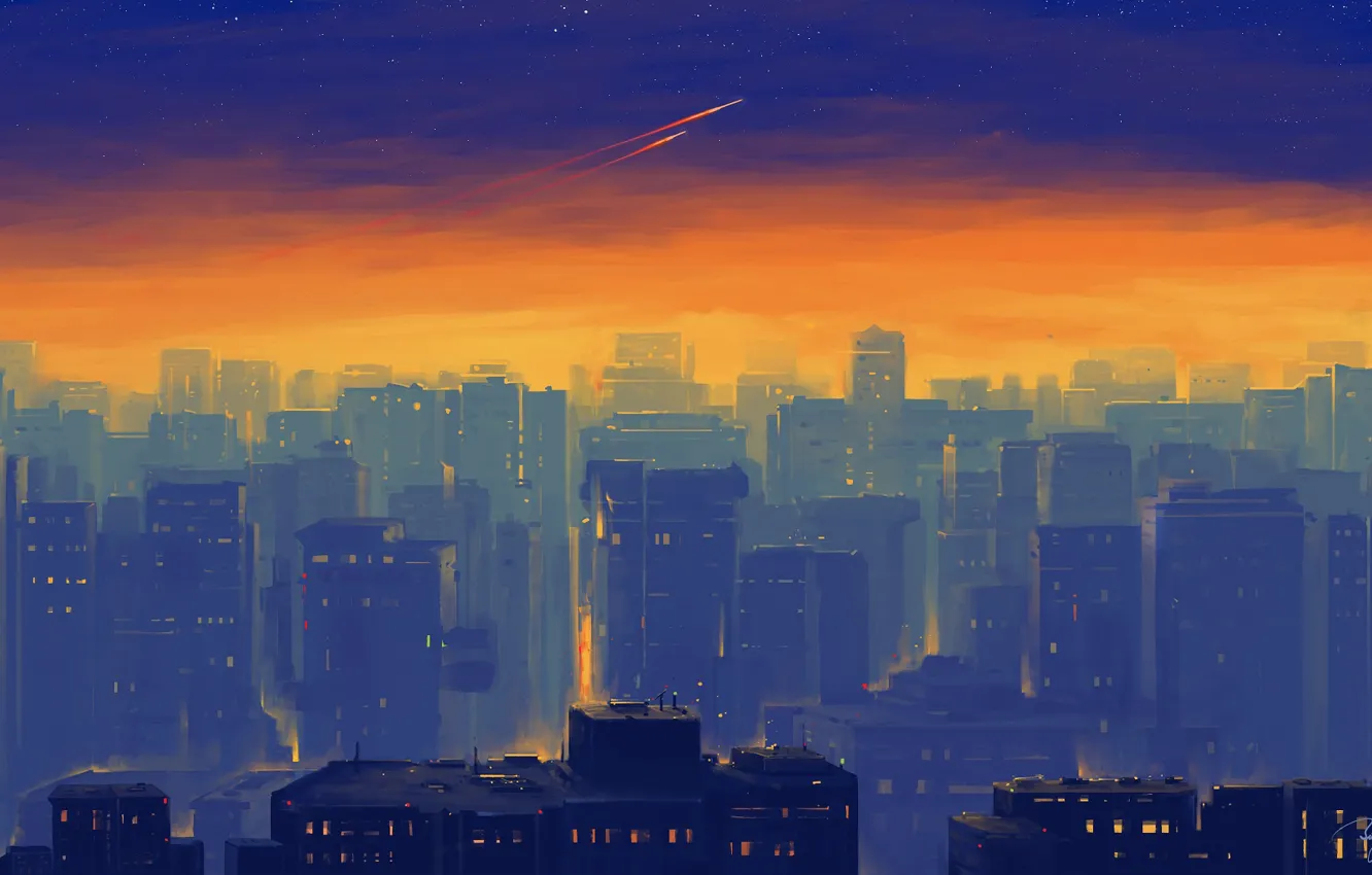 Фото обои город, дома, свет в окнах, закат в городе, by Bisbiswas