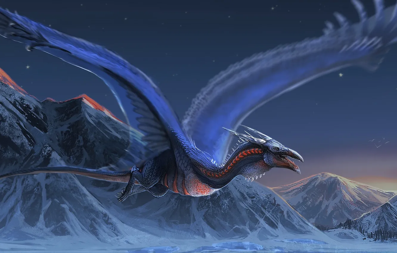 Фото обои горы, дракон, крылья, полёт