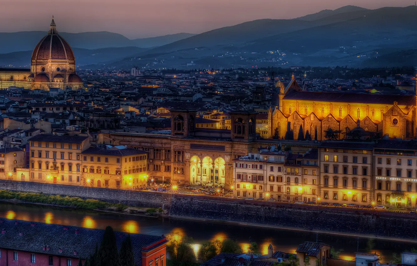 Фото обои ночь, огни, Италия, собор, Флоренция, Санта-Мария-дель-Фьоре, базилика, Санта-Кроче