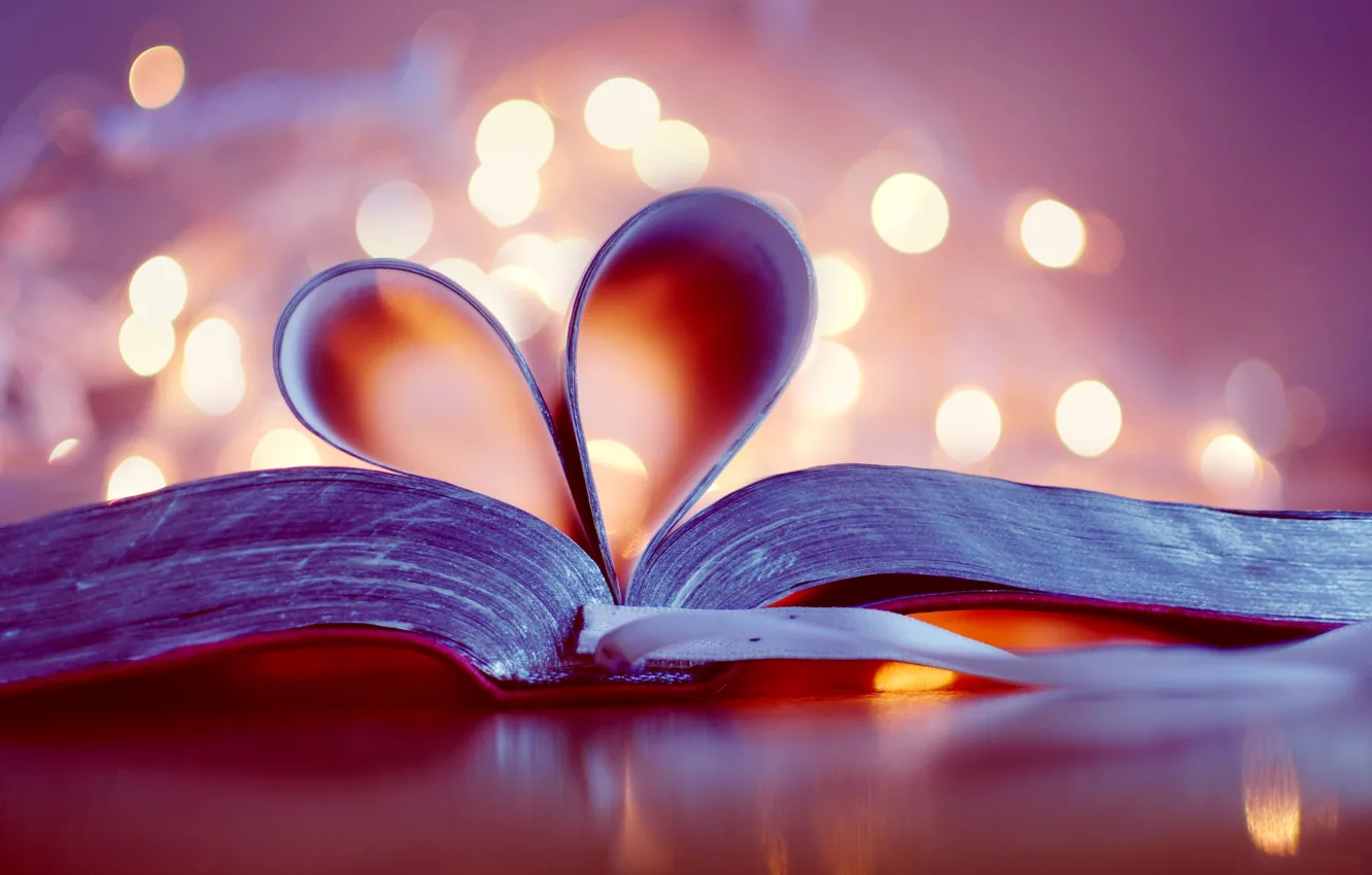 Фото обои сердце, книга, сердечко, страницы, боке, закладка