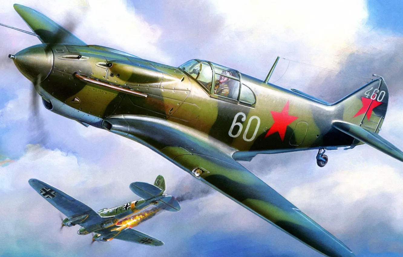 Фото обои огонь, война, истребитель, бомбардировщик, Лавочкин-Горбунов-Гудков, ЛаГГ-3, подбит, He 111