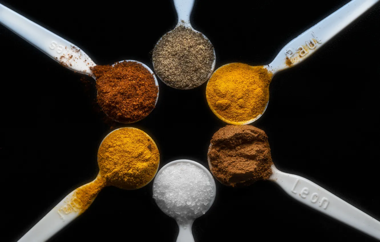 Фото обои cinnamon, pepper, salt, turmeric, saffron, Kurkuma, Cayenne papper