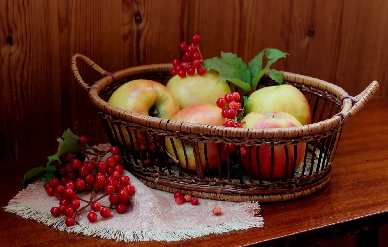 Фото обои листья, стол, корзина, яблоки, ягода, рябина, салфетка