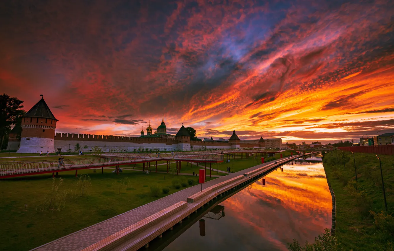 Фото обои закат, город, стена, вечер, башни, Кремль, Тула, вола