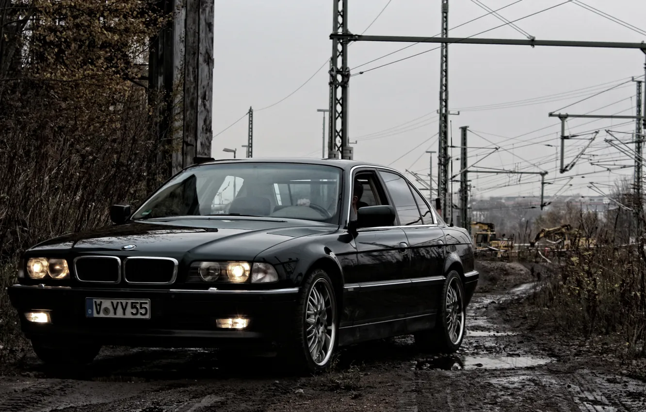 Фото обои Черный, BMW, Бумер, БМВ, Грязь, Фары, E38, bimmer