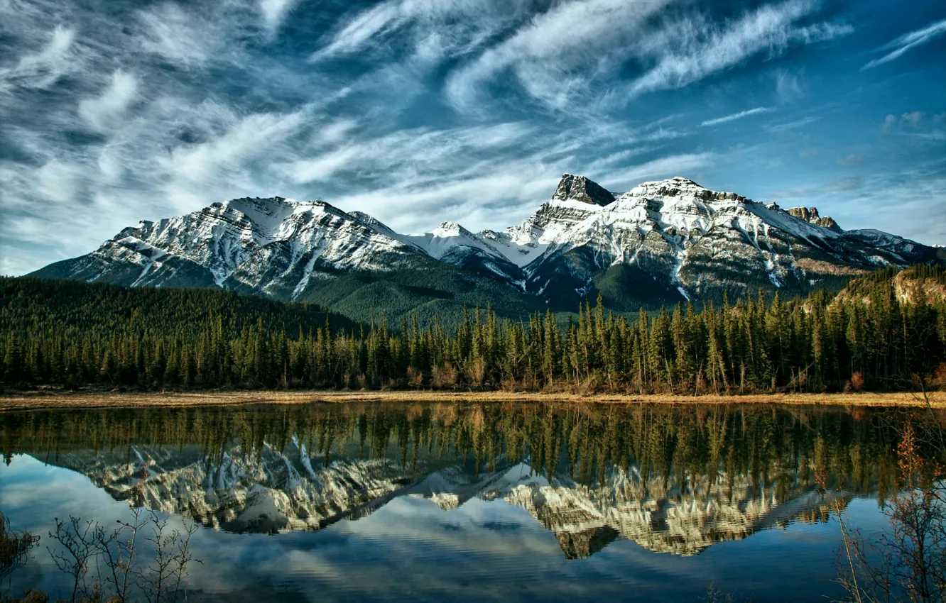 Фото обои лес, небо, облака, деревья, горы, природа, озеро, отражение
