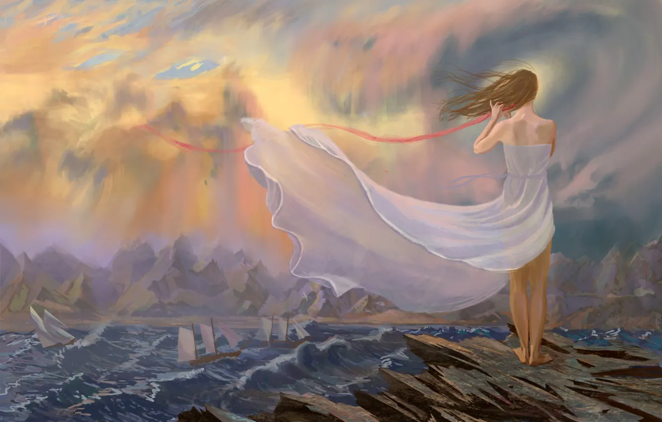 Фото обои море, девушка, горы, ветер, корабли, платье, лента, ожидание