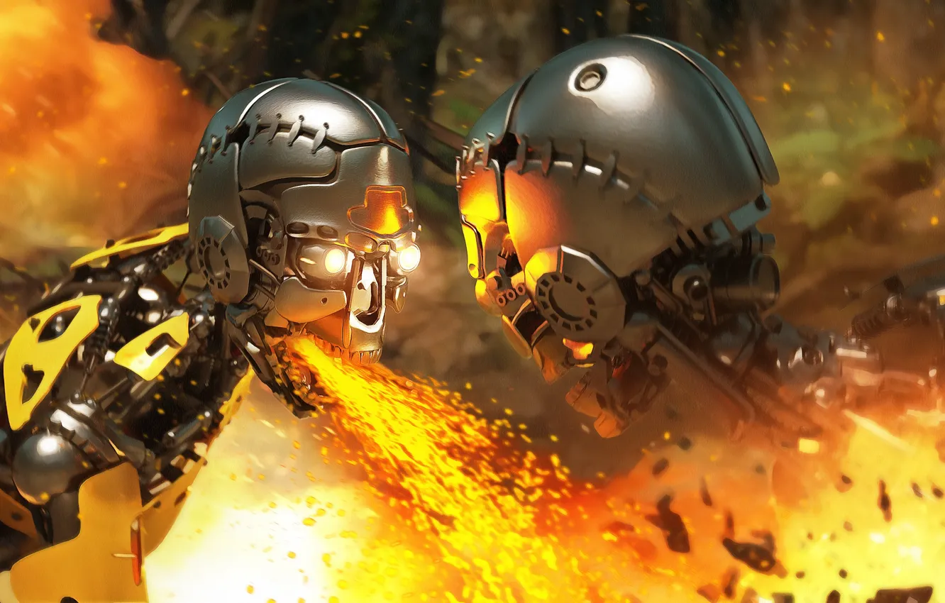 Фото обои огонь, робот, искры, андроид, Jungle War