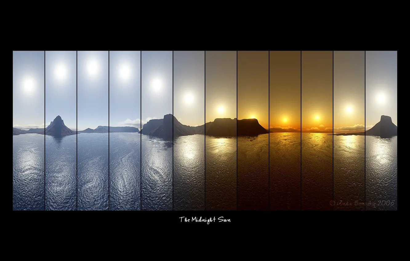 Фото обои море, солнце, горы, надписи, компановка, The Midnight Sun, коллаж, фотосъемка
