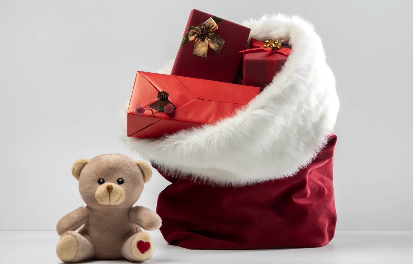 Фото обои игрушка, Рождество, мишка, подарки, Новый год, медвежонок, мешок, тедди