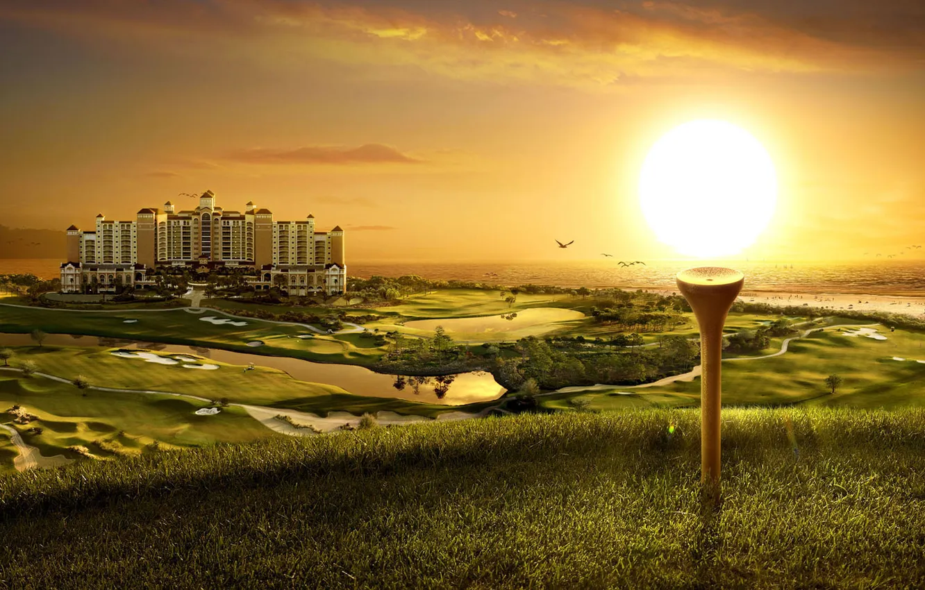 Фото обои трава, солнце, здание, поля, озера, особняк, гольф
