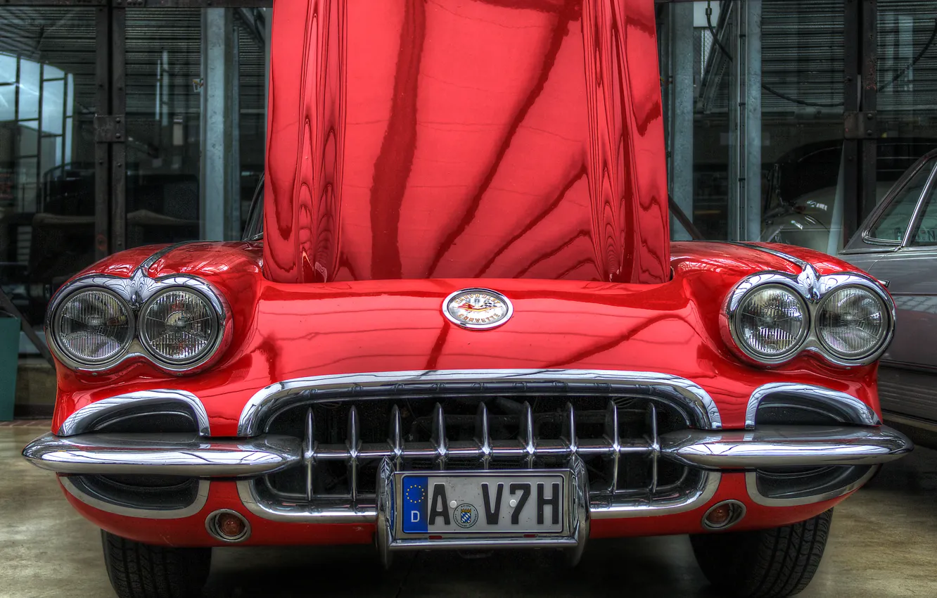 Фото обои car, красный, фары, капот, решетка, hdr, red, corvette