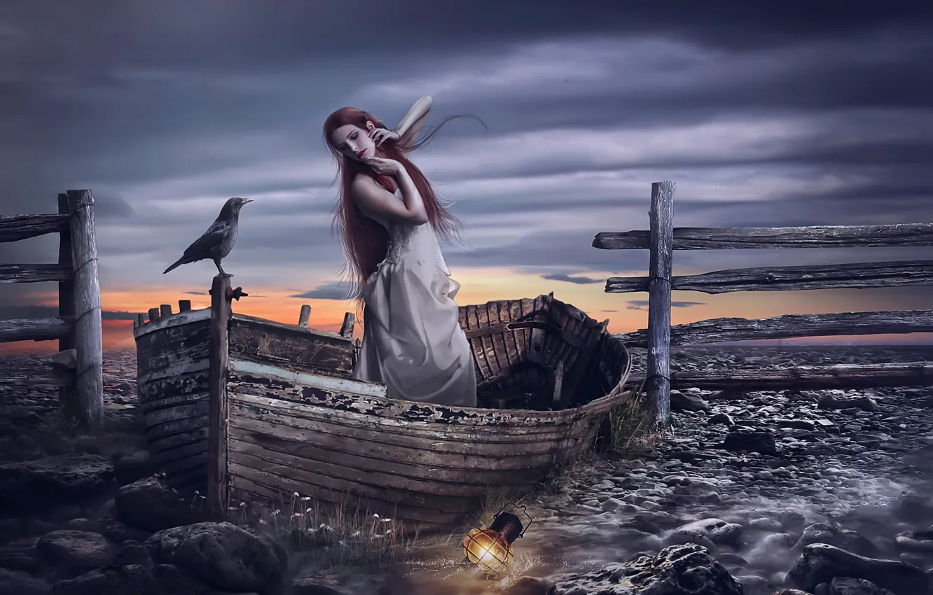 Фото обои девушка, птица, лодка, фонарь, ворон, фото арт