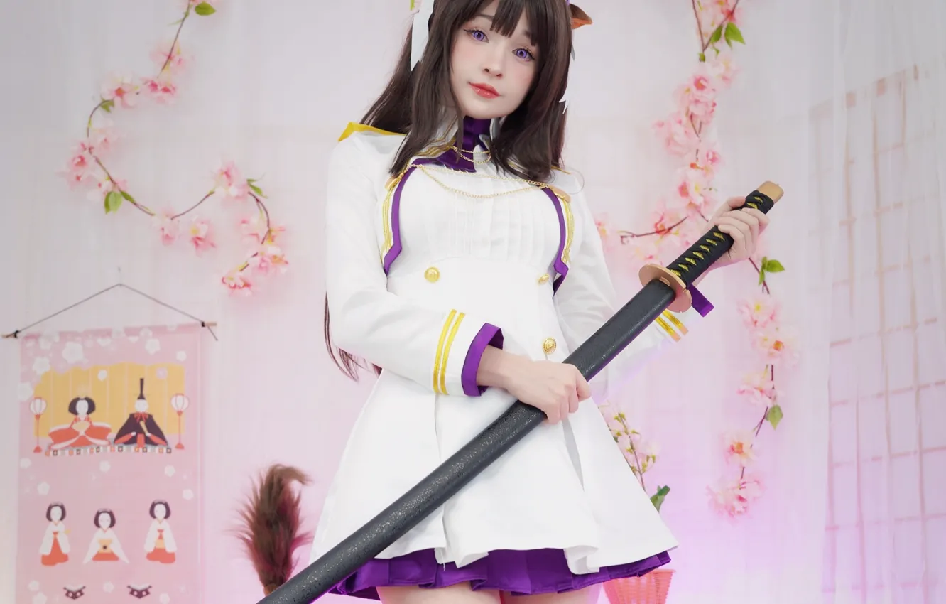 Фото обои girl, sword, thighhighs, horns, long hair, dress, animal ears, beautiful