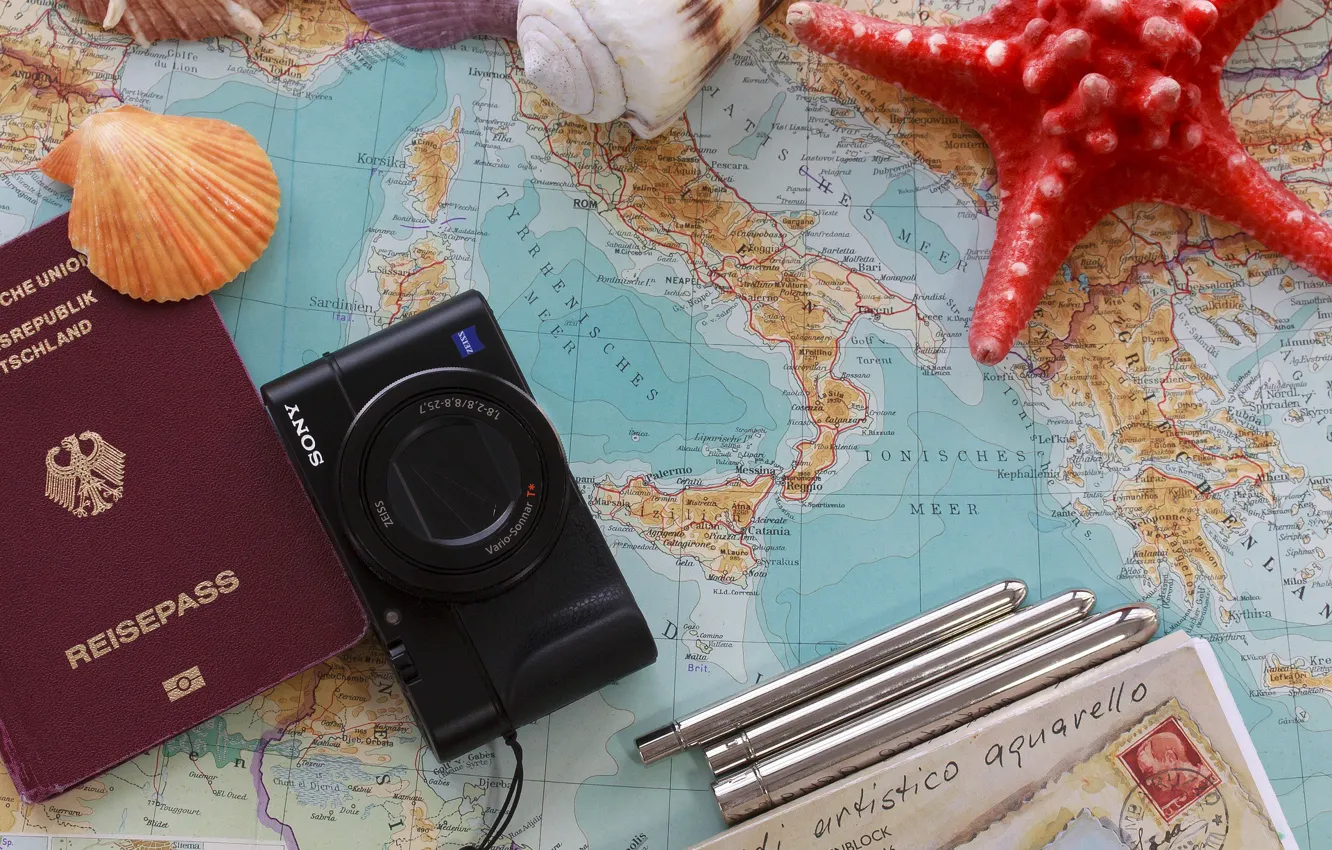 Фото обои лето, отдых, отпуск, Карта, фотоаппарат, морская з