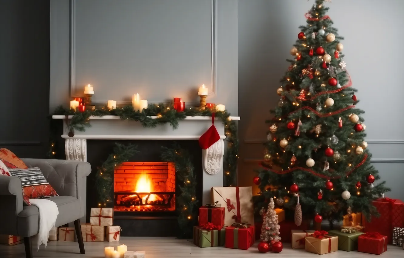 Фото обои комната, елка, интерьер, Рождество, Новый год, камин, Christmas, view