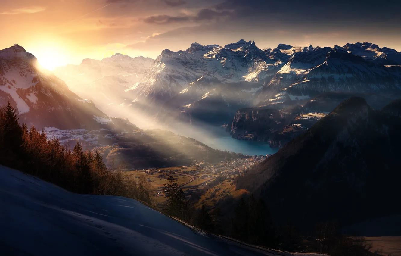 Фото обои снег, горы, обработка, Switzerland, morning phase, Sattel - Hochstuckli