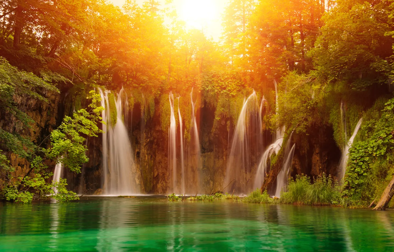 Фото обои осень, солнце, водопад