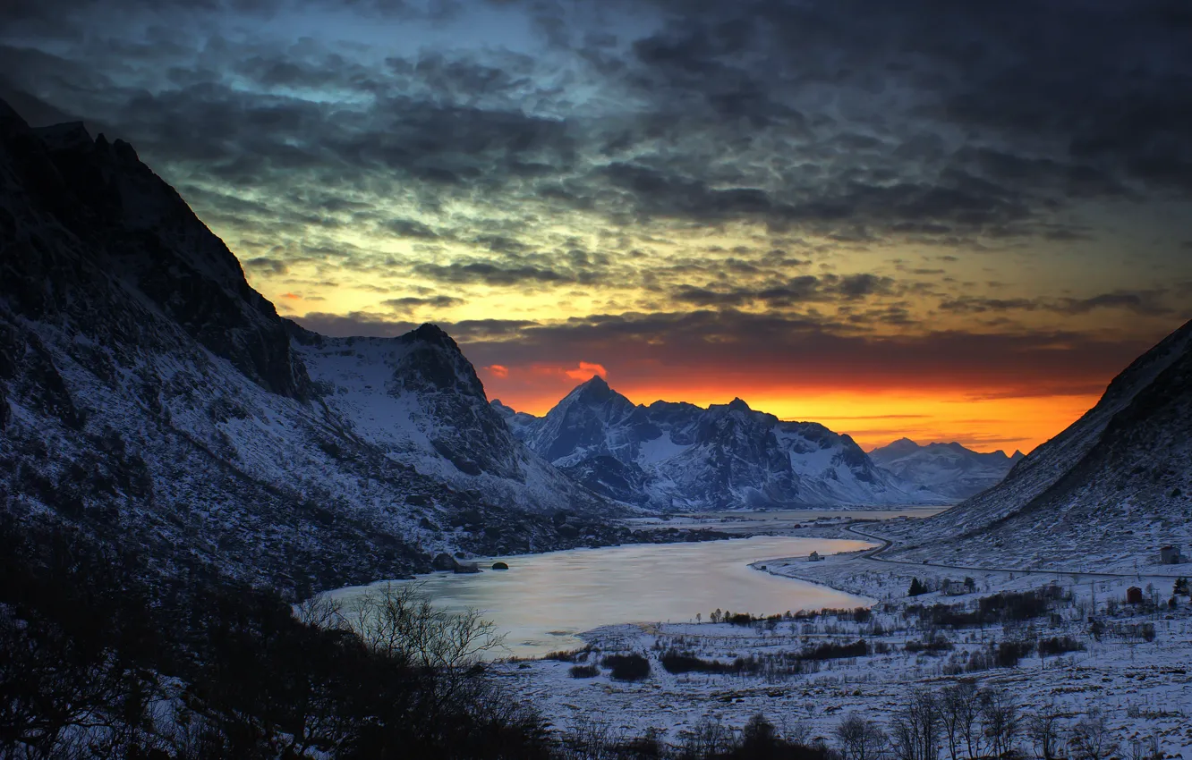 Фото обои зима, горы, озера, утро, север