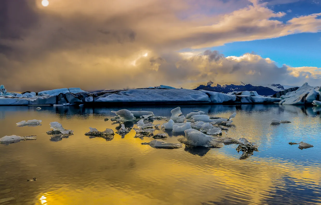 Фото обои лед, солнце, облака, снег, Исландия