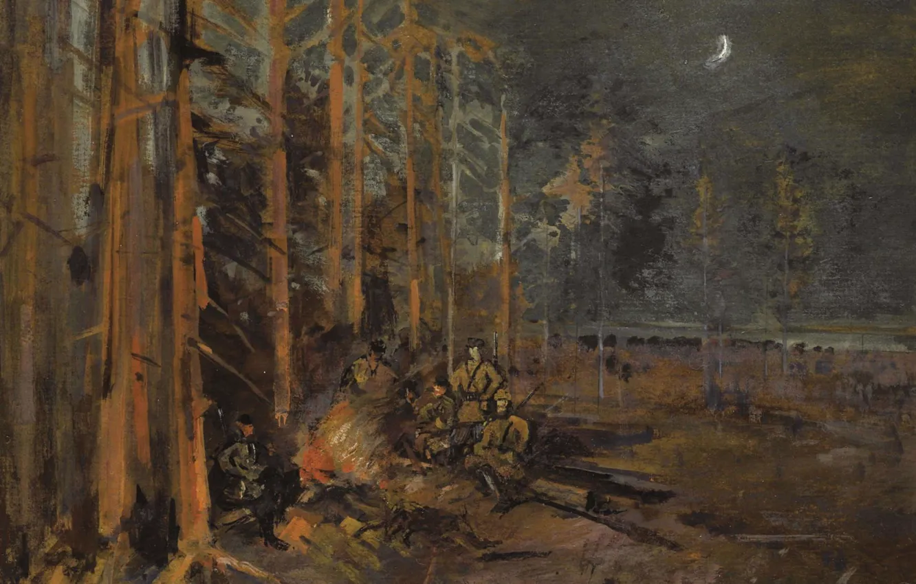 Фото обои деревья, пейзаж, ночь, люди, картина, Константин Коровин, Солдаты вокруг Лесного Костра