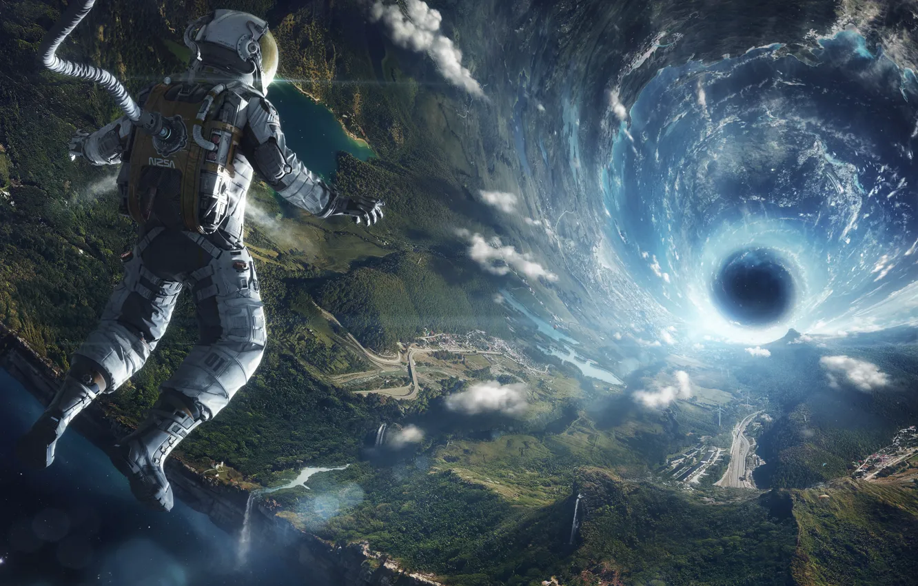 Фото обои полет, земля, вселенная, скафандр, черная дыра, Космонавт