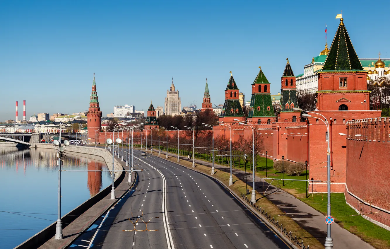 Фото обои Москва, Кремль, Россия, набережная, столица, Кремлёвская стена