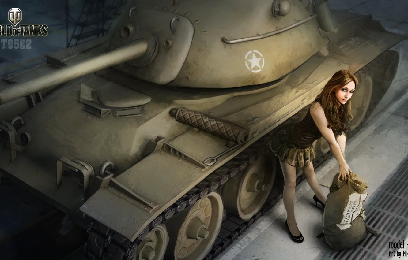 Фото обои девушка, ангар, танк, girl, танки, WoT, Мир танков, tank