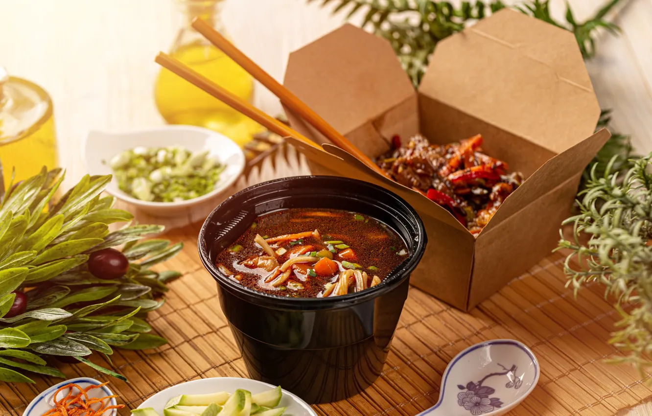 Фото обои палочки, суп, овощи, лапша, азиатская кухня