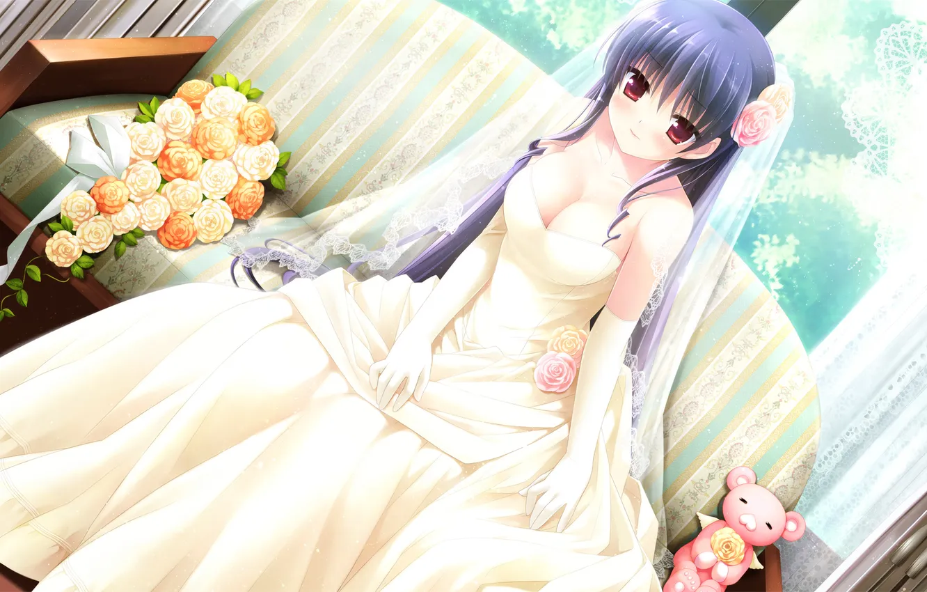Фото обои цветы, улыбка, комната, Девушка, фата, свадебное платье, Natsu no Arashi! Akinai-chuu, Летняя буря! Открыто круглый …