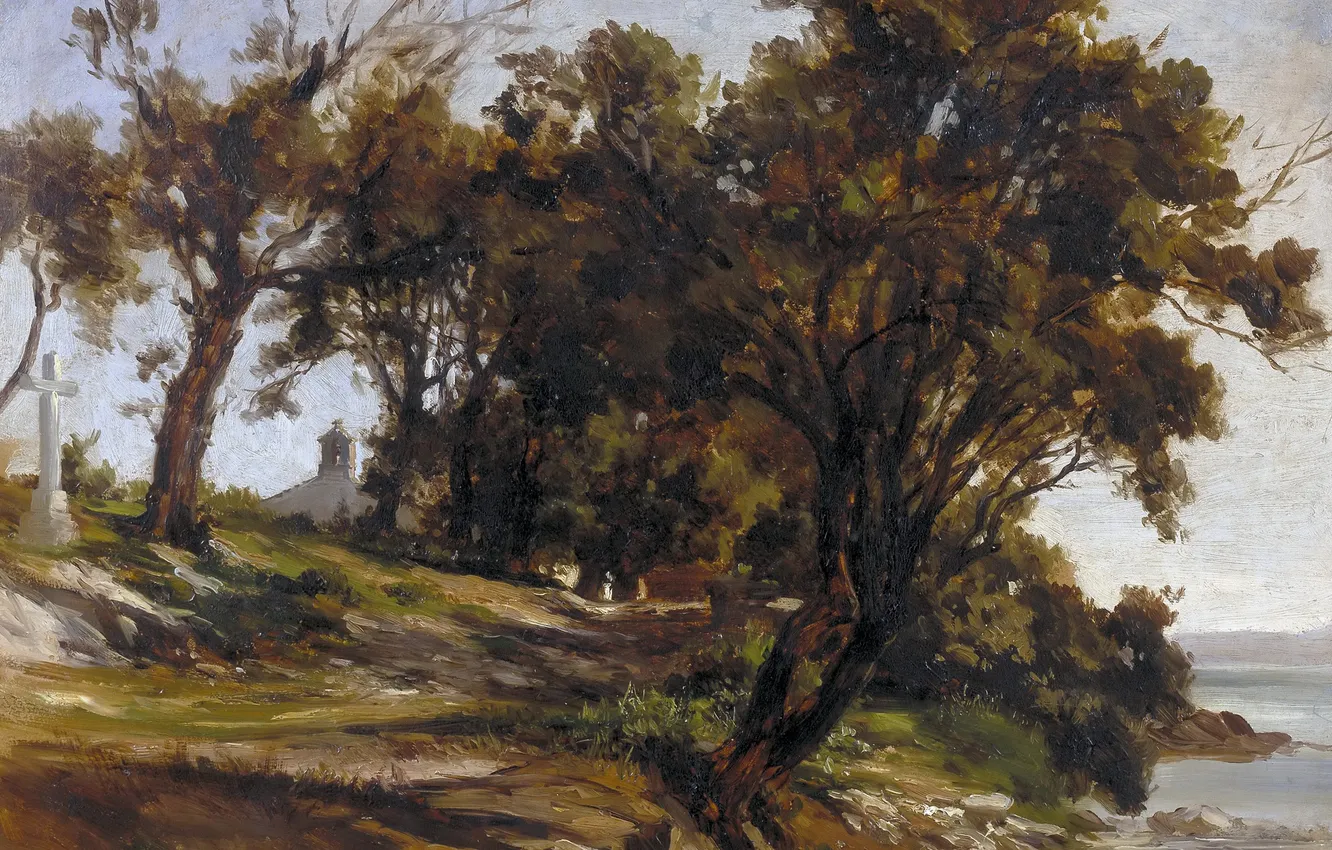 Фото обои деревья, пейзаж, картина, Карлос де Хаэс, Скит в Сан Висенте де ла Баркера