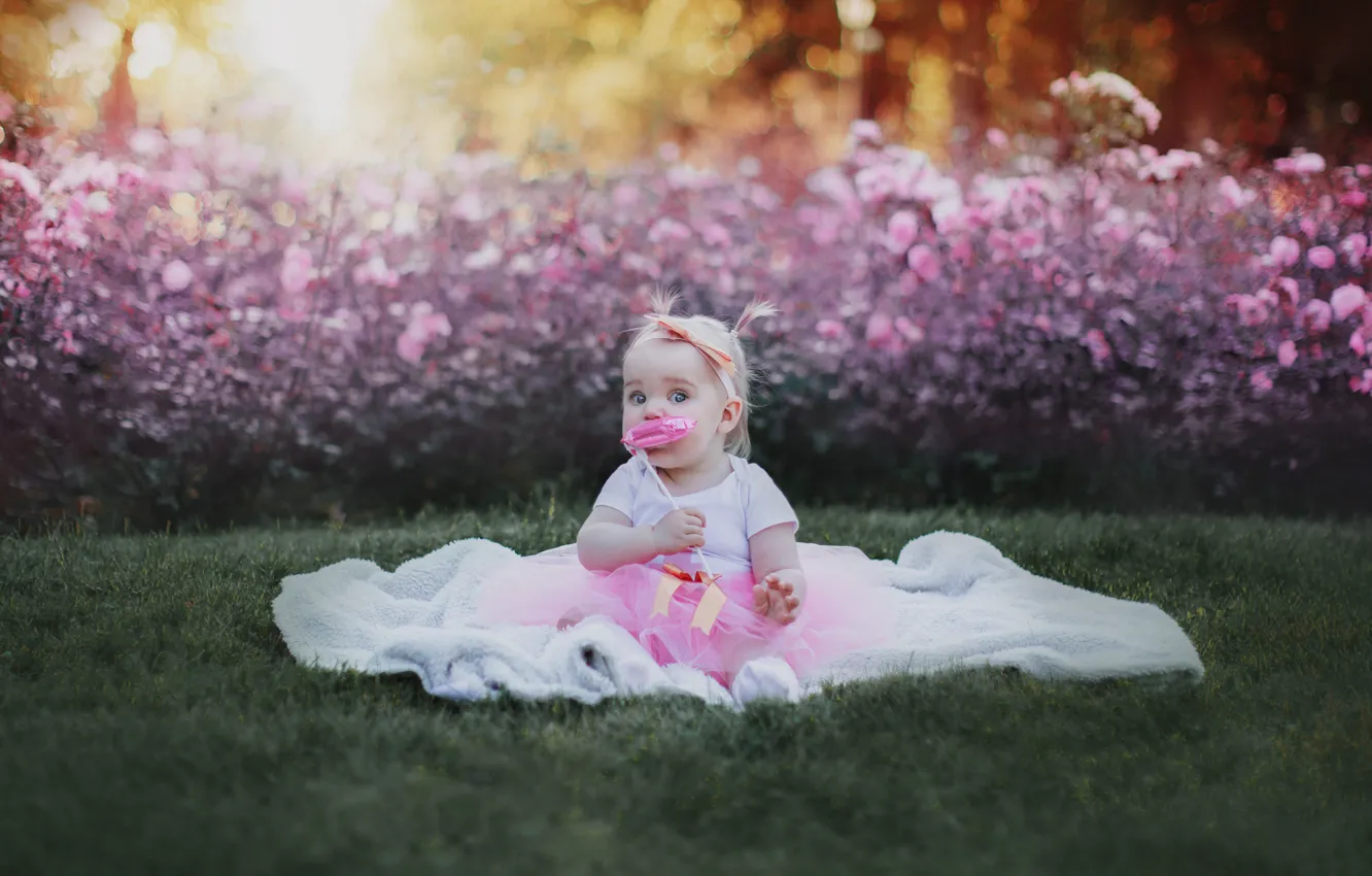 Фото обои цветы, поляна, ребенок, сад, платье, девочка, малышка