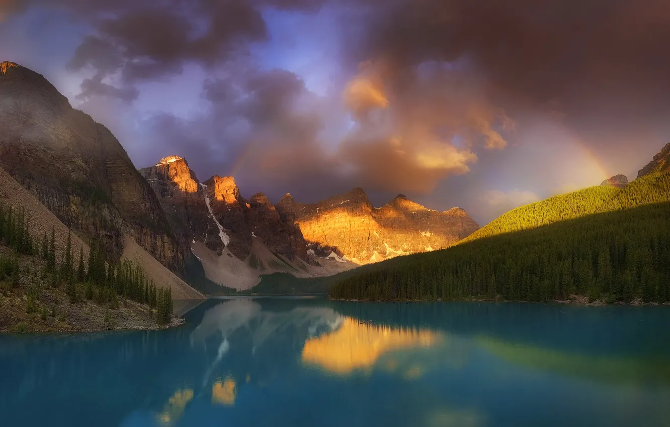 Фото обои лес, свет, горы, озеро, радуга, Канада