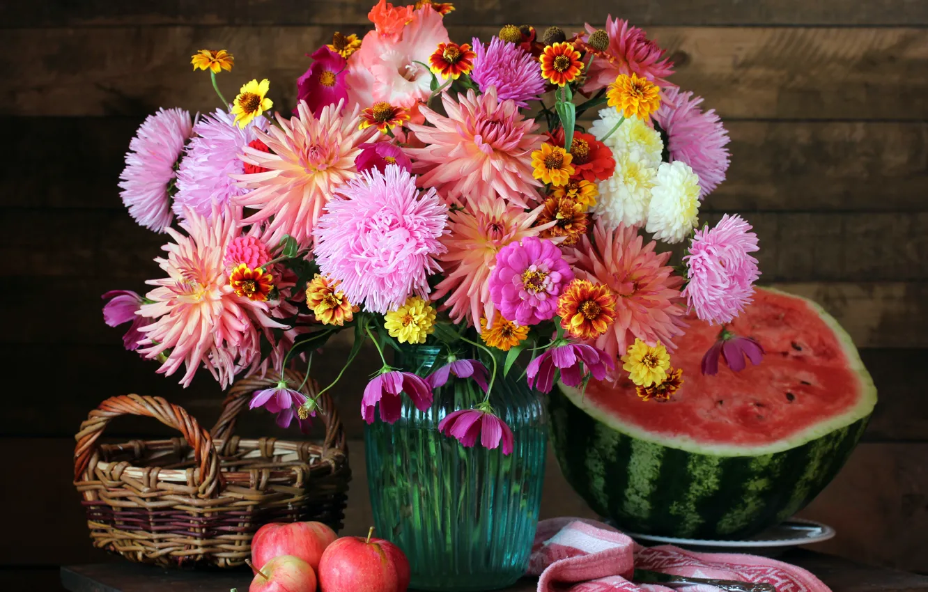 Фото обои осень, цветы, яблоки, букет, colorful, арбуз, фрукты, натюрморт