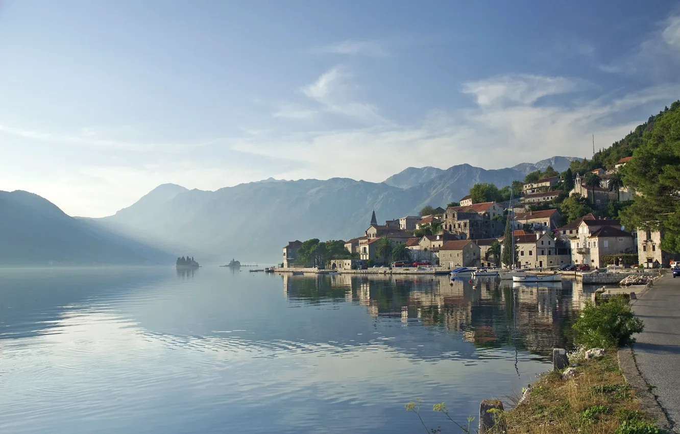 Фото обои море, город, morning, Черногория, фьорд, Ядран, Montenegro, Пераст