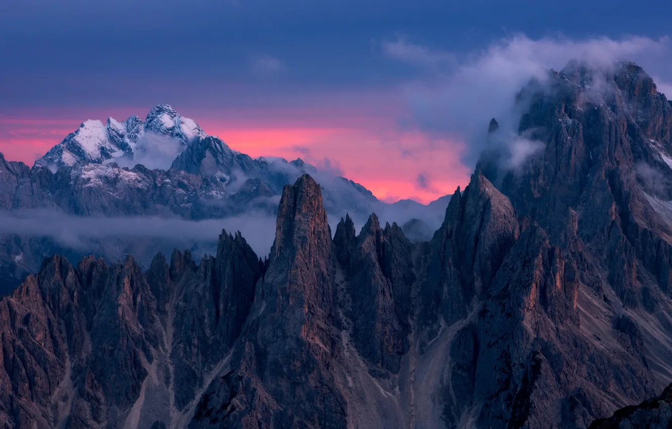 Фото обои закат, горы, вершины, Италия, Italy, Доломитовые Альпы, Veneto, Dolomites
