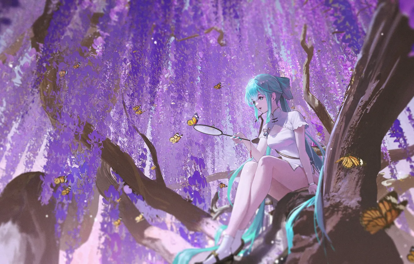 Фото обои девушка, бабочки, Hatsune Miku, Vocaloid, глициния