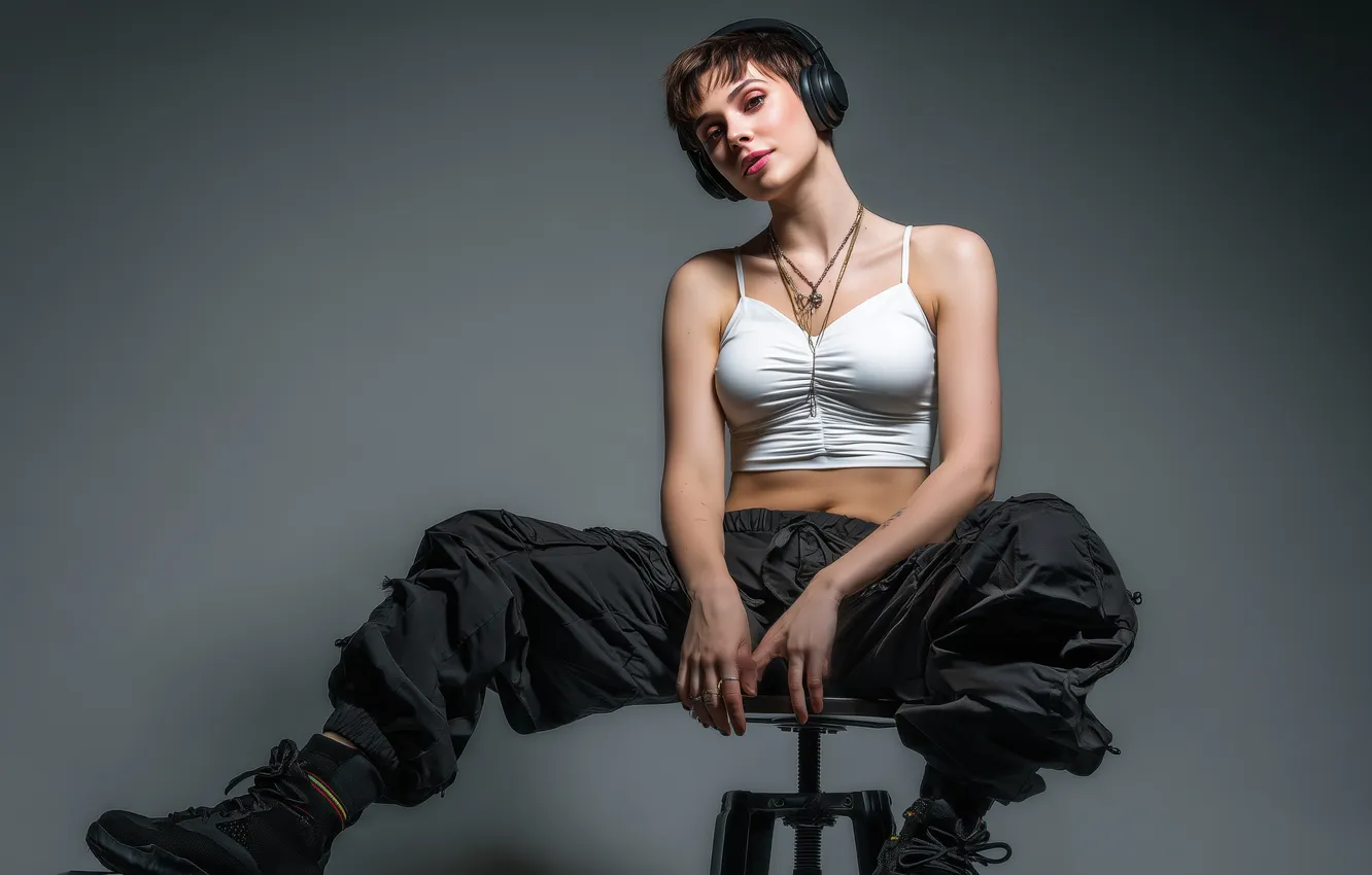 Фото обои headphones, women, sitting, cargo pants, AI art